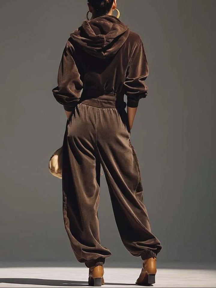 Retro Brauner Hoodie und Entspannte Hose Set (Gürtel Inklusive) für Damen