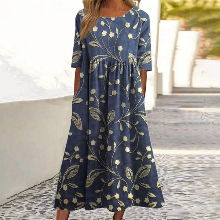 Kharen | Florales Midi-Kleid für Damen mit Rundhalsausschnitt und kurzen Ärmeln