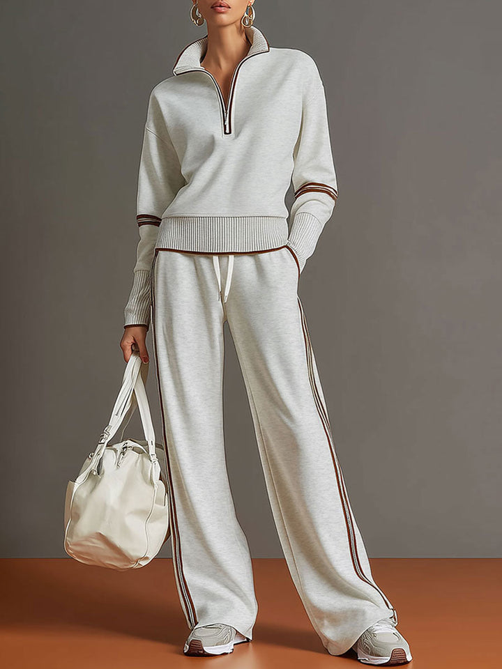 Vintage-inspirierter grauer und weißer Halbzip-Sweatshirt für Damen mit weitem Hosen-Set