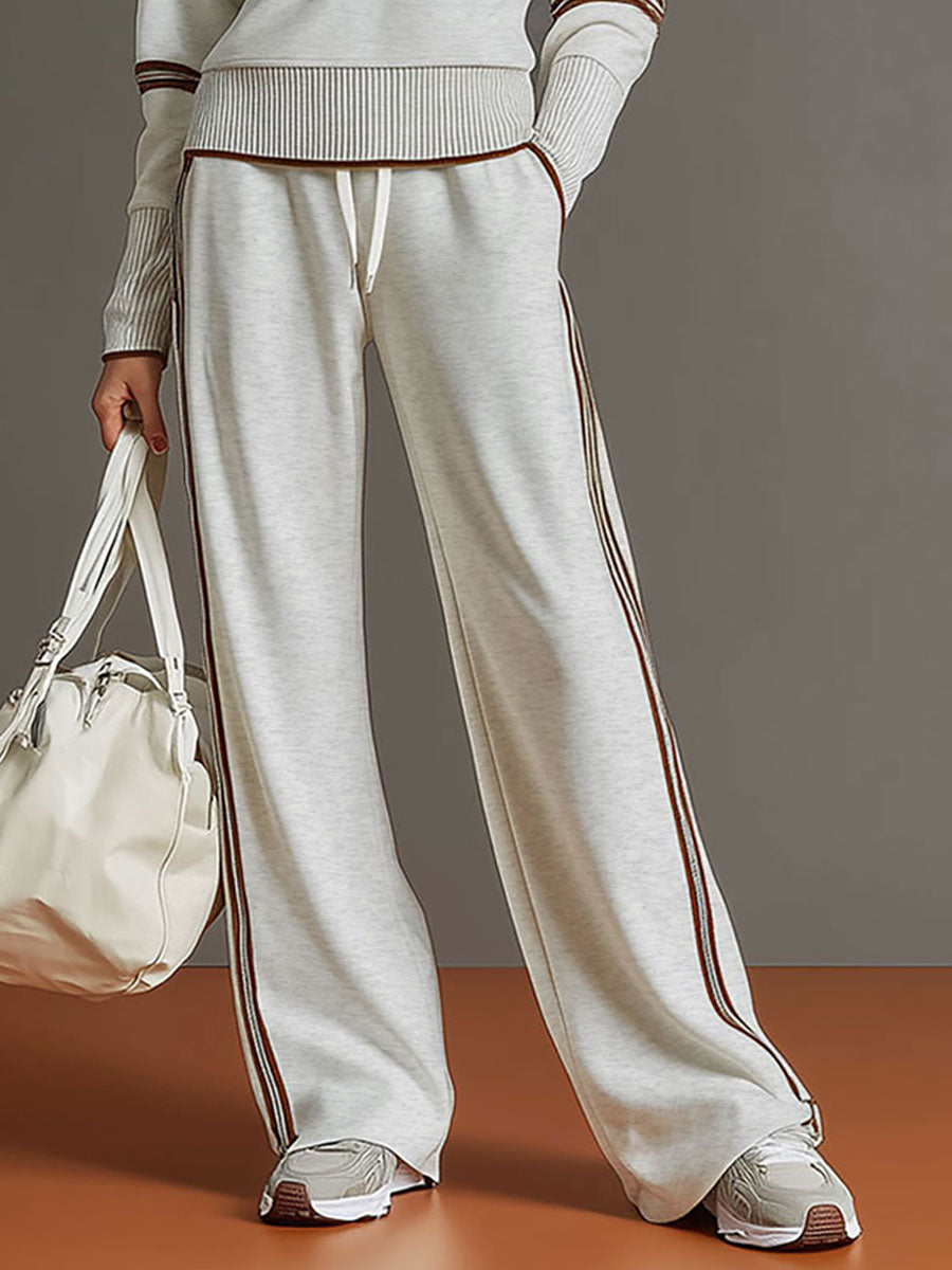 Vintage-inspirierter grauer und weißer Halbzip-Sweatshirt für Damen mit weitem Hosen-Set