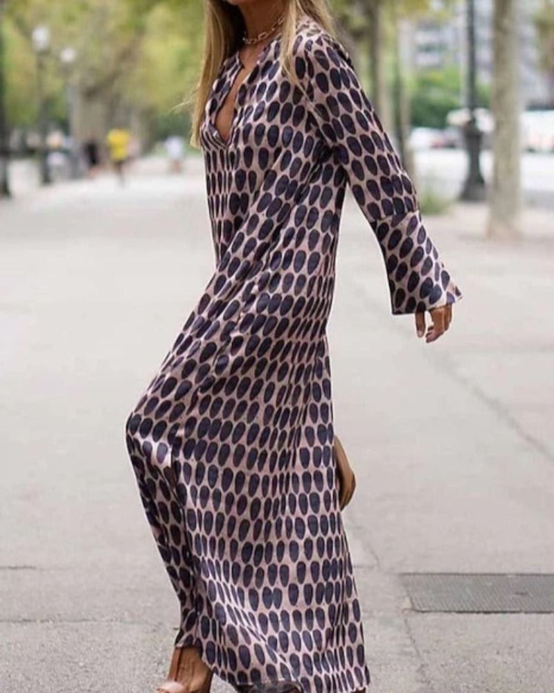 Chloe | Bauchbedeckendes Maxikleid für Damen mit V-Ausschnitt und langen Ärmeln