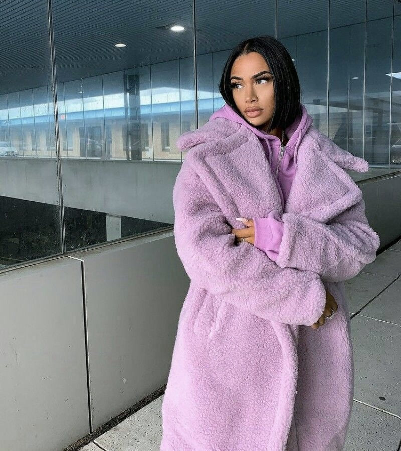 Zoe | Langer Teddymantel für Damen mit Rundhalsausschnitt und langen Ärmeln