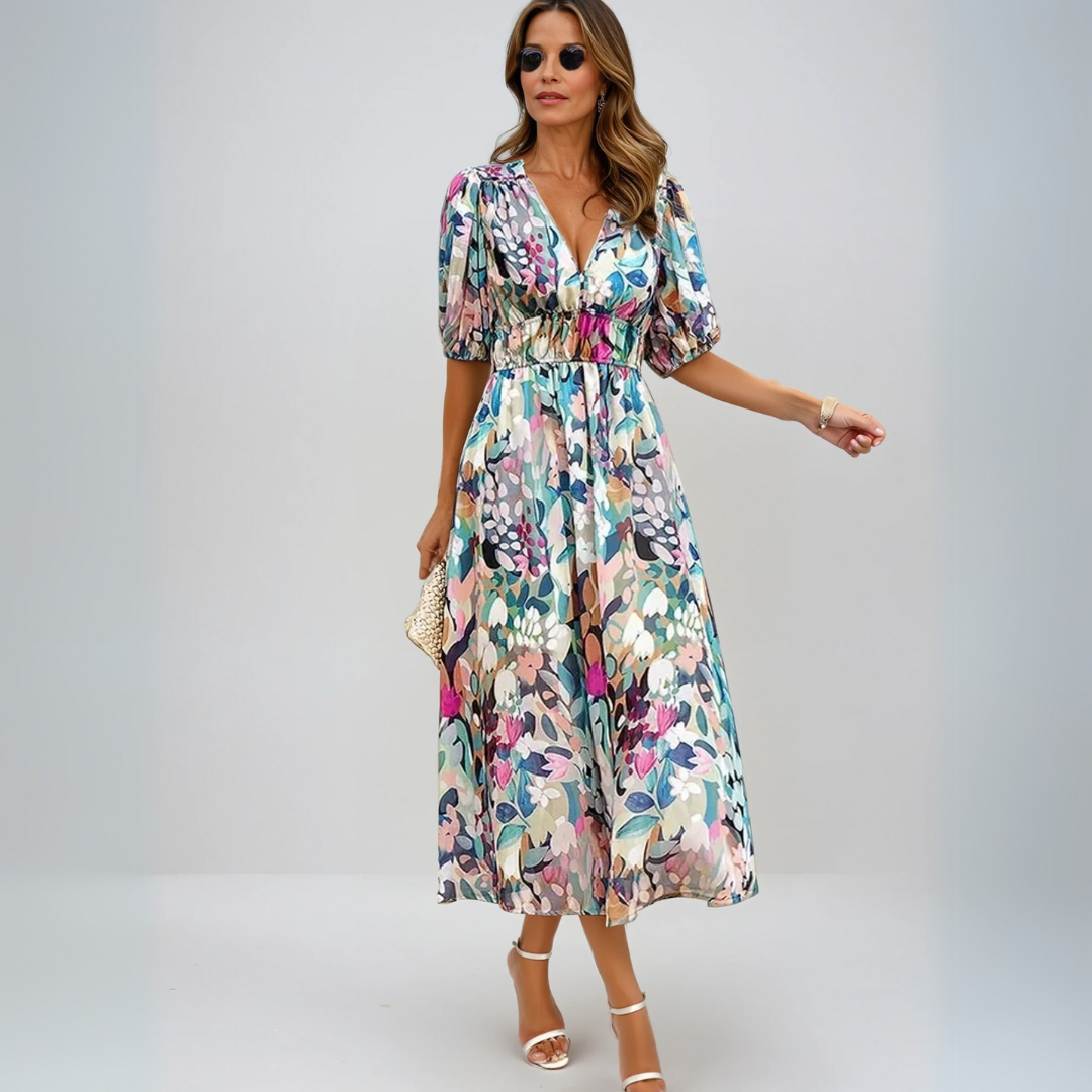 Flore | Elegantes Midikleid für Damen mit Blumenmuster und V-Ausschnitt