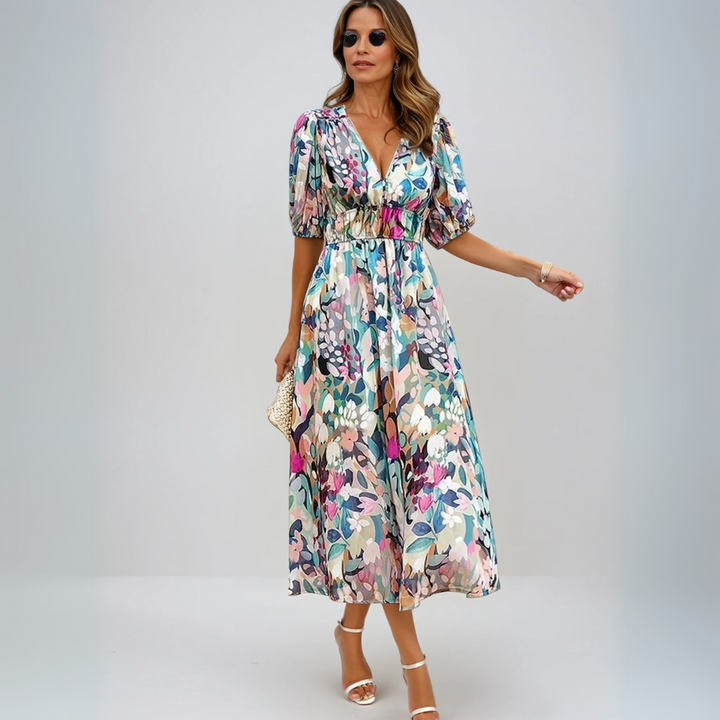 Flore | Elegantes Midikleid für Damen mit Blumenmuster und V-Ausschnitt