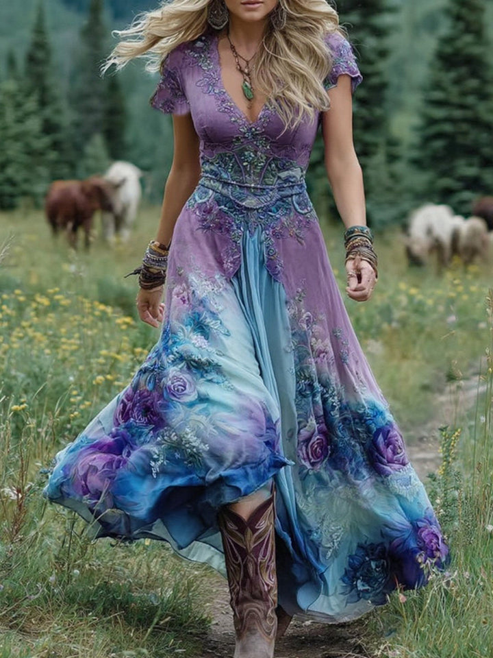 Mavis | Elegantes Florales Maxikleid für Damen mit V-Ausschnitt und kurzen Ärmeln