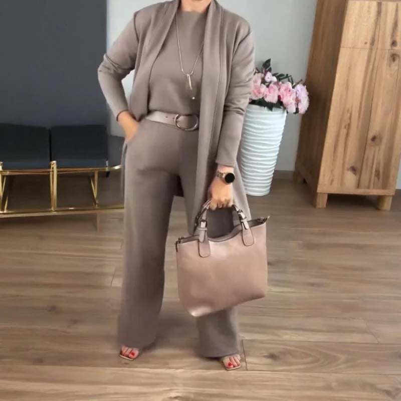 Schickes 3-teiliges Ensemble: Langer Cardigan, Top und Hose für Damen