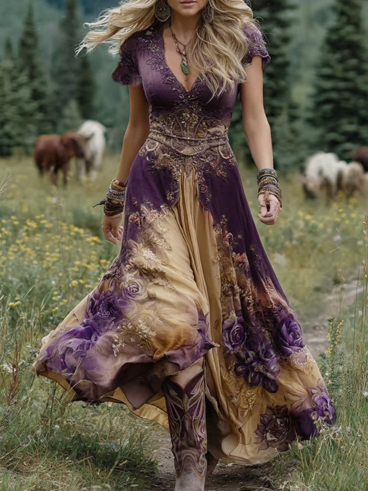 Mavis | Elegantes Florales Maxikleid für Damen mit V-Ausschnitt und kurzen Ärmeln