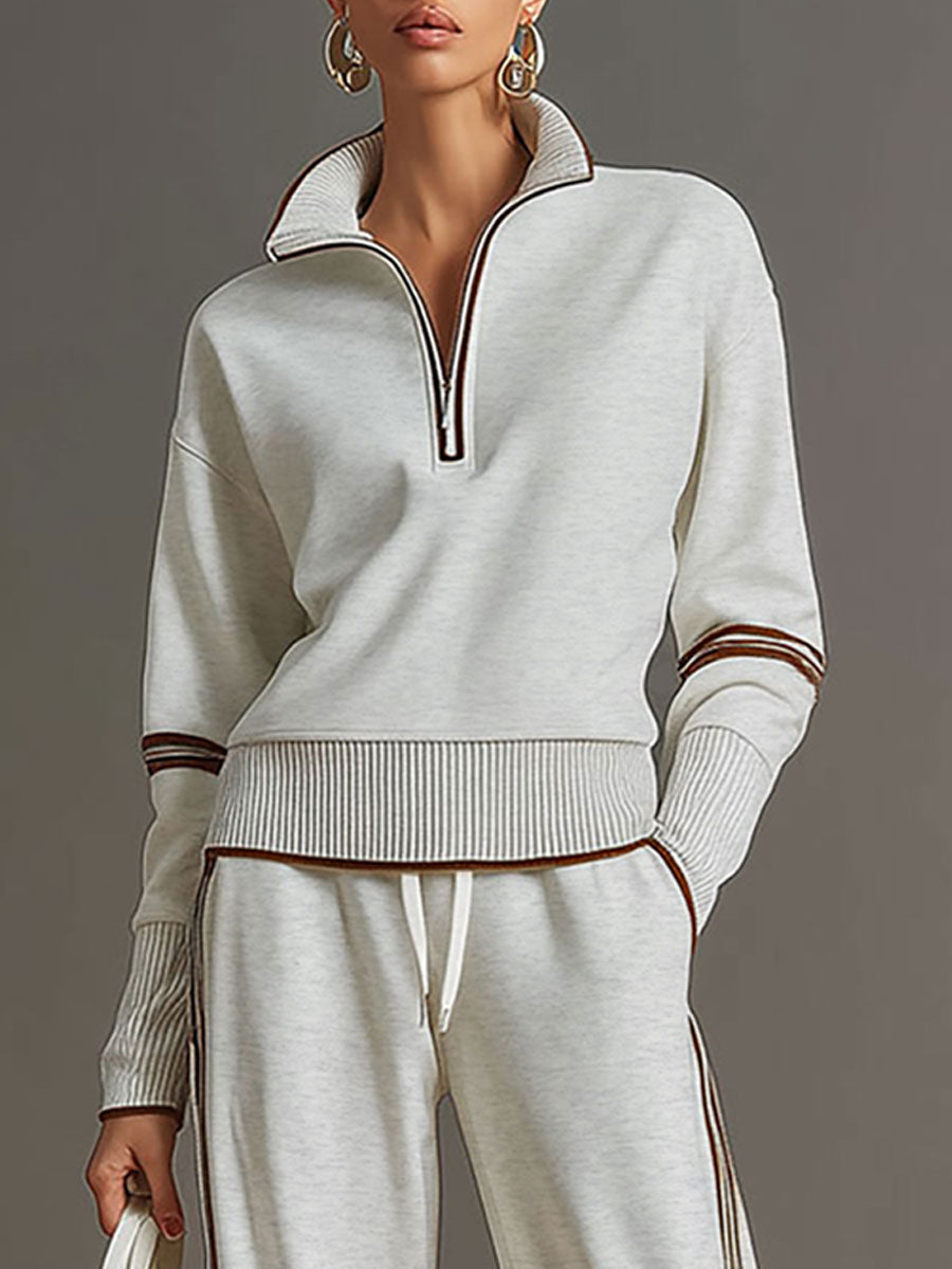 Vintage-inspirierter grauer und weißer Halbzip-Sweatshirt für Damen mit weitem Hosen-Set