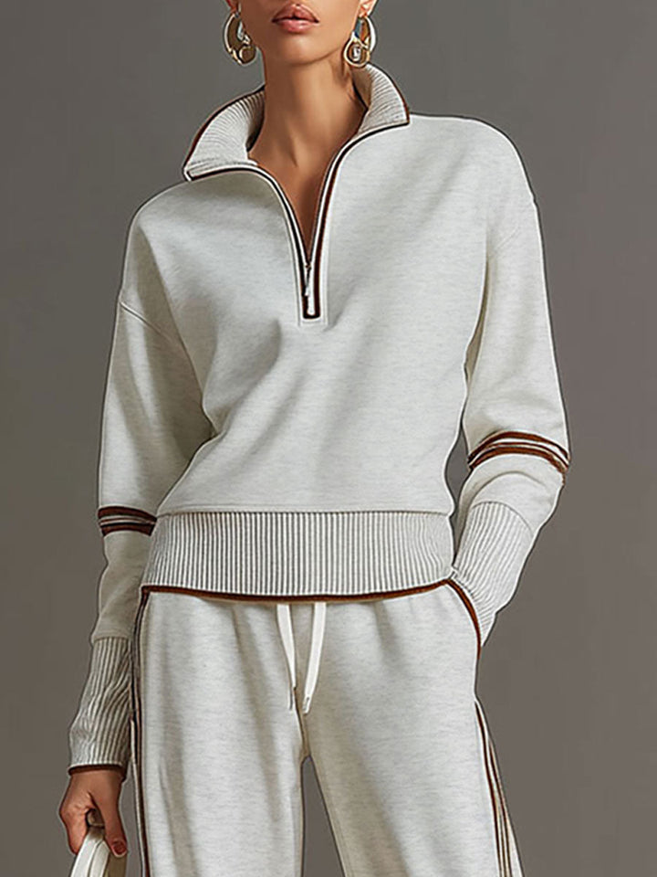 Vintage-inspirierter grauer und weißer Halbzip-Sweatshirt für Damen mit weitem Hosen-Set