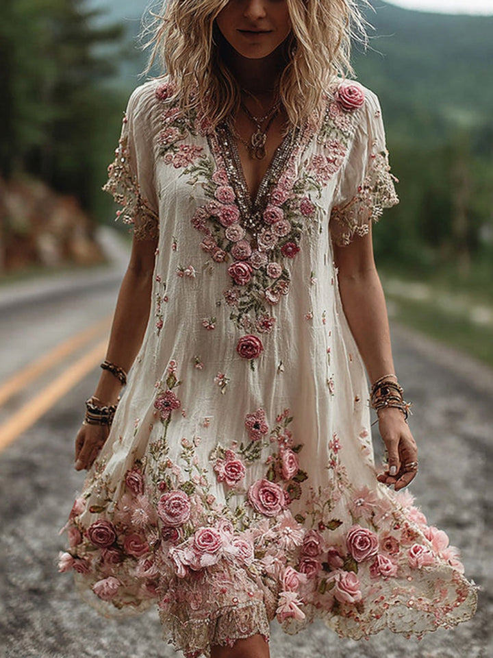 Ruby | Blossom bestickte V-Ausschnitt Midikleid für Damen