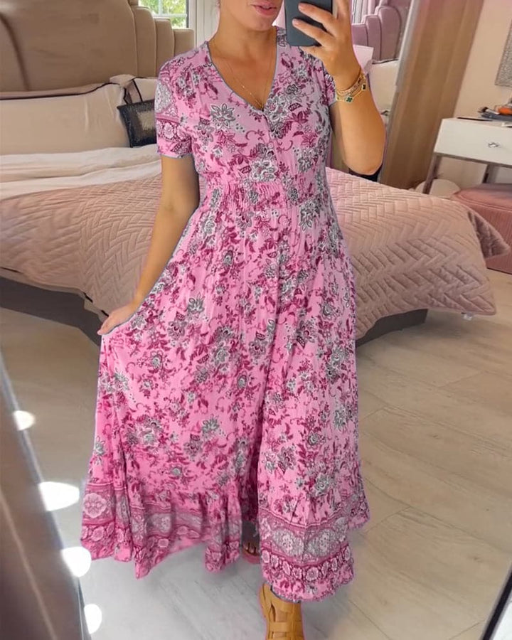 Connie | Floral Maxi Kleid für Damen mit V-Ausschnitt und kurzen Ärmeln