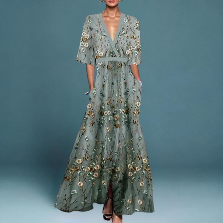 Sofia | Elegantes Maxikleid für Damen mit V-Ausschnitt und kurzen Ärmeln