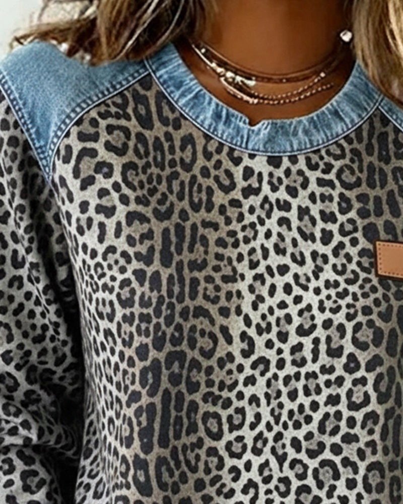 Leopardenmuster Denim Patchwork Pullover für Damen mit Rundhalsausschnitt
