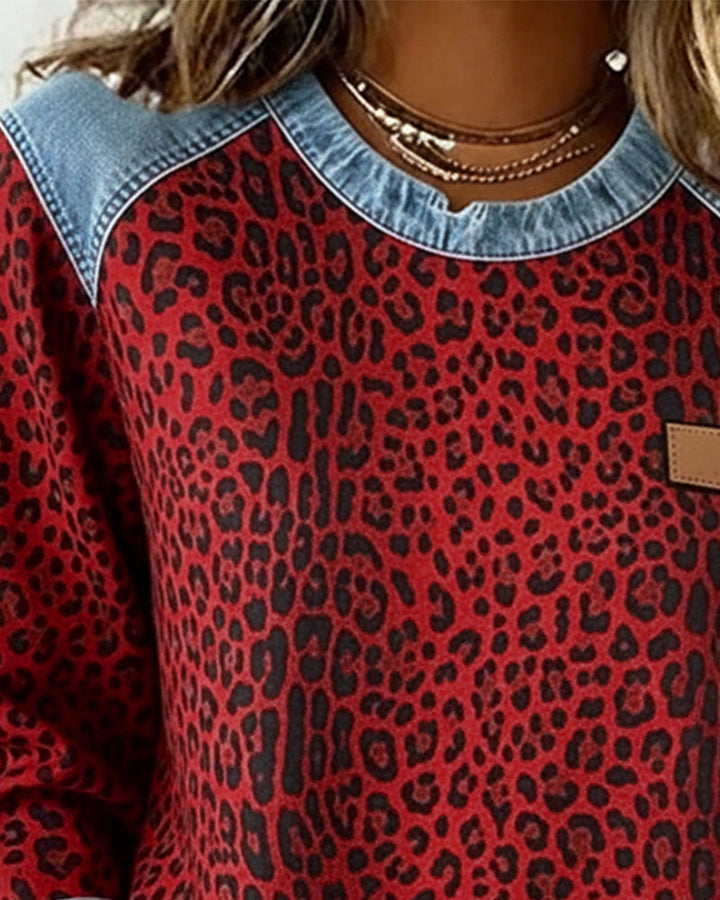 Leopardenmuster Denim Patchwork Pullover für Damen mit Rundhalsausschnitt
