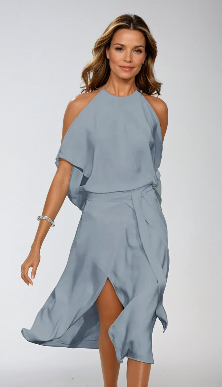 Celestine schulterfrei Asymmetrisches Midi Kleid für Damen mit Carmen-Ausschnitt