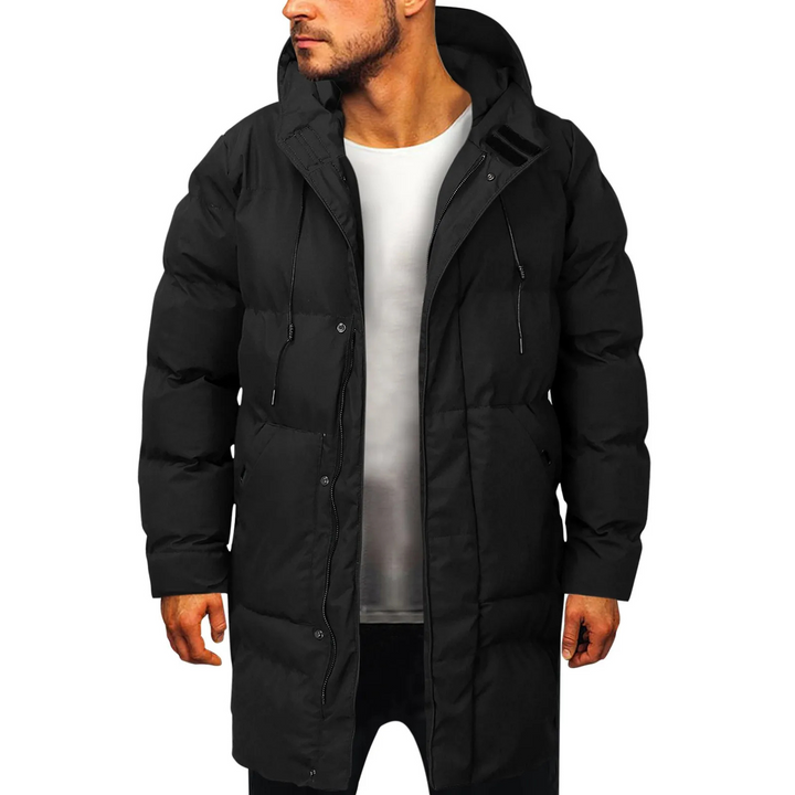 Tommaso | Langer Wintermantel Herren mit Kapuze, Gefütterter Steppmantel