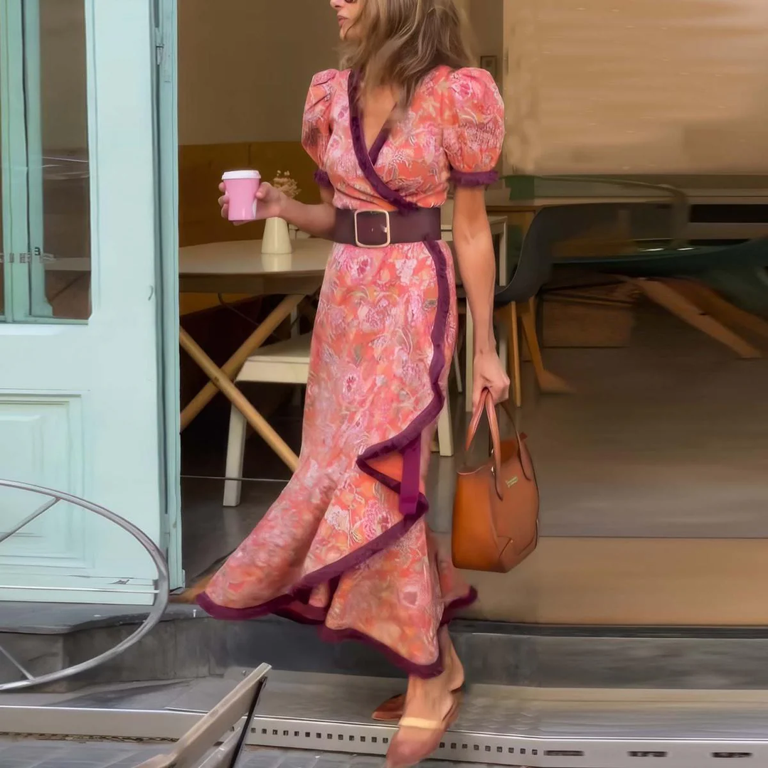 Hailey | Elegantes Pink Kurzarm-Maxikleid für Damen mit Blumenmuster