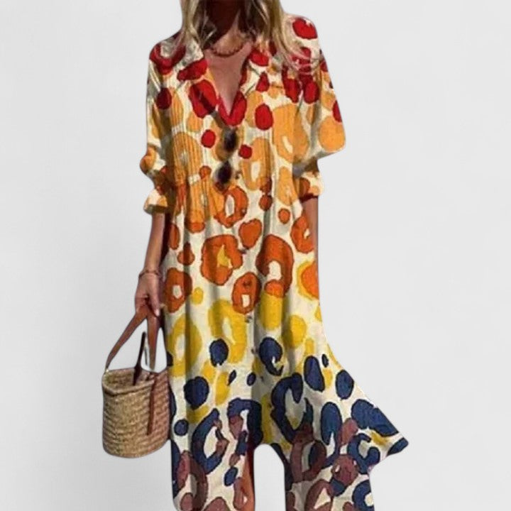 Lauren | Stylisches Boho-Maxikleid für Damen mit V-Ausschnitt und kurzen Ärmeln