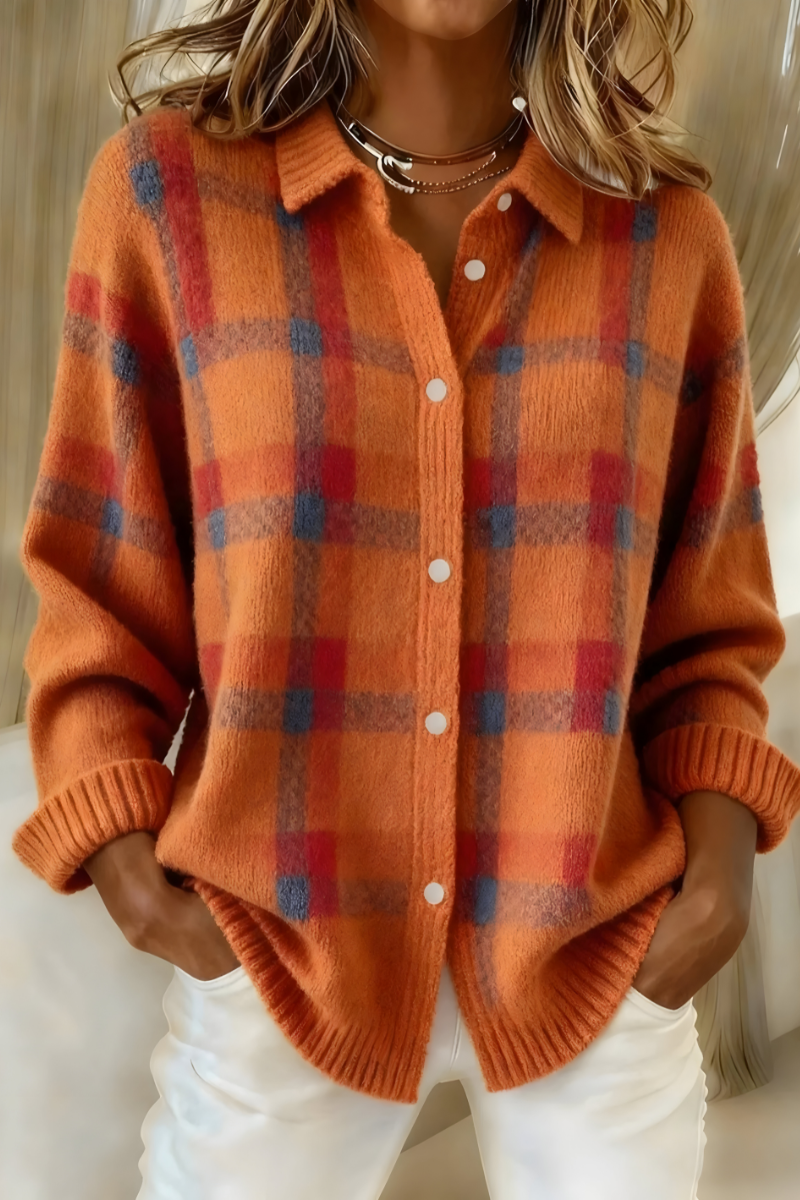Tesa | Gemütlicher Karopullover Cardigan für Damen mit Rundhalsausschnitt