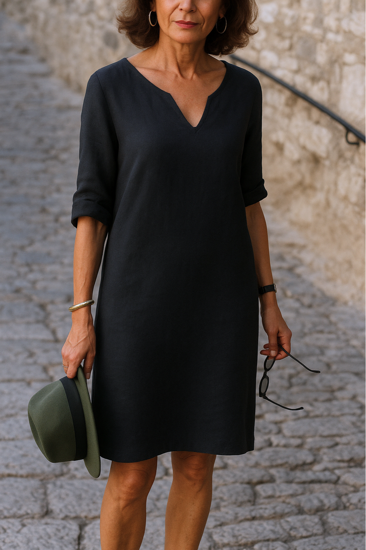 Elvy | Elegantes V-Ausschnitt Midikleid für Damen mit 3/4-Ärmeln und langen Ärmeln