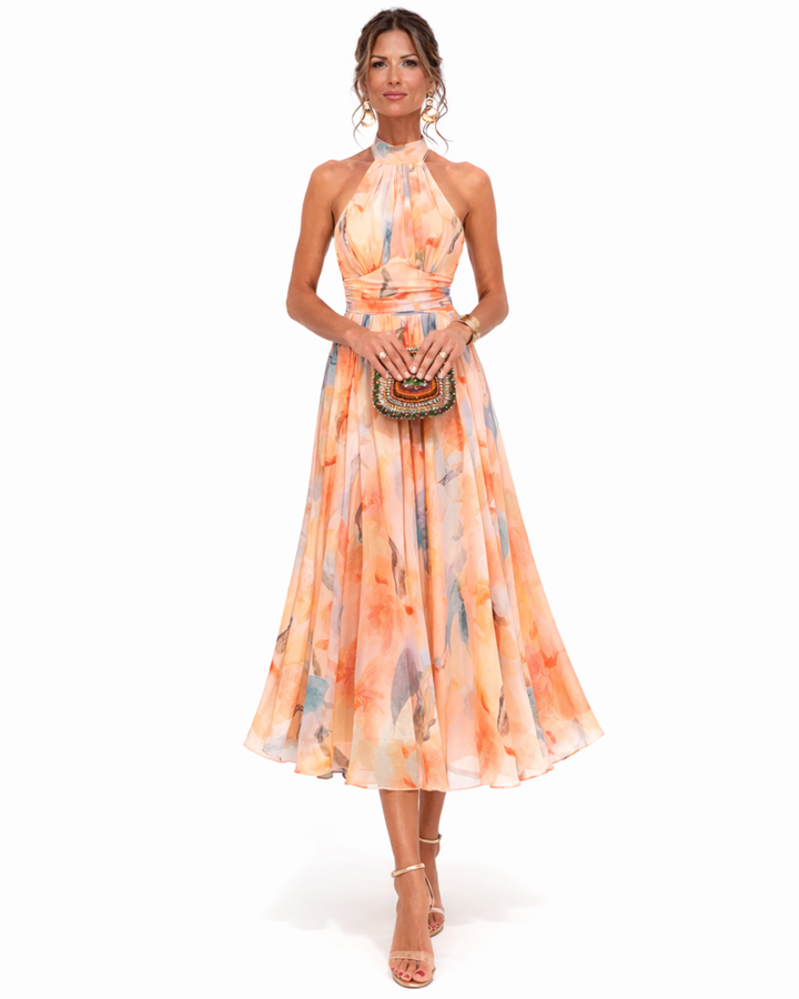 Aurora | Aquarell Druck Halter Neck Maxikleid für Damen