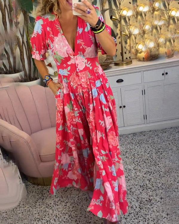 Floriana | Lebhaftes Blumenkleid für Damen mit V-Ausschnitt und kurzen Ärmeln