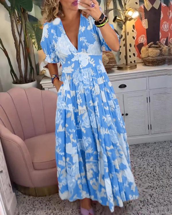 Floriana | Lebhaftes Blumenkleid für Damen mit V-Ausschnitt und kurzen Ärmeln
