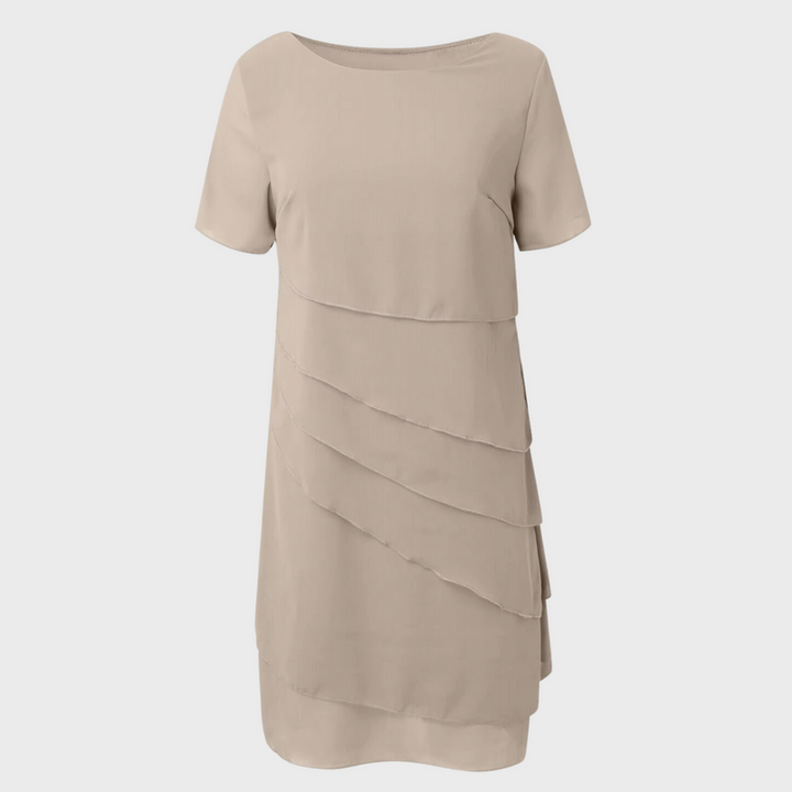 Elara | Geschichtetes Midikleid für Damen mit Rundhalsausschnitt und kurzen Ärmeln