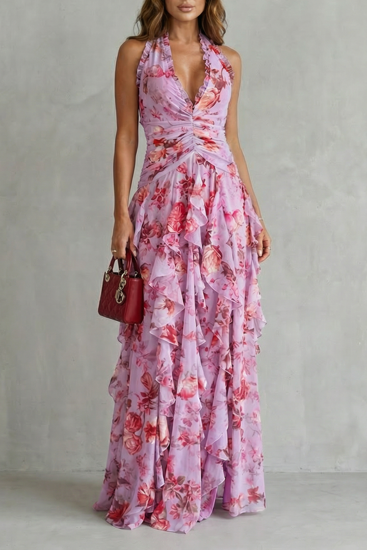 Belladina Verzauberndes Rosen-Kaskaden-Halter-Maxikleid für Damen