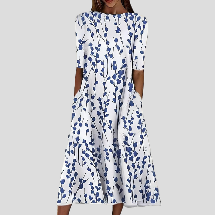 Sela | Küstenblumen Midi Kleid für Damen mit Rundhalsausschnitt und kurzen Ärmeln