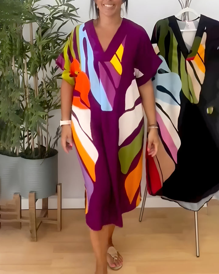 Rianna | Kleid für Damen mit abstraktem Druck, V-Ausschnitt und kurzen Ärmeln