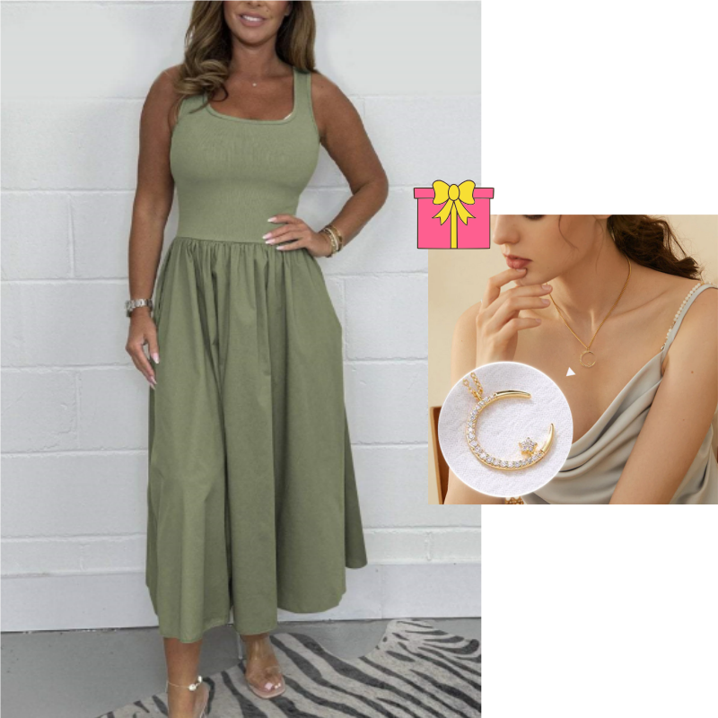 Stylisches ärmelloses A-Linien-Midikleid für Damen mit quadratischem Ausschnitt