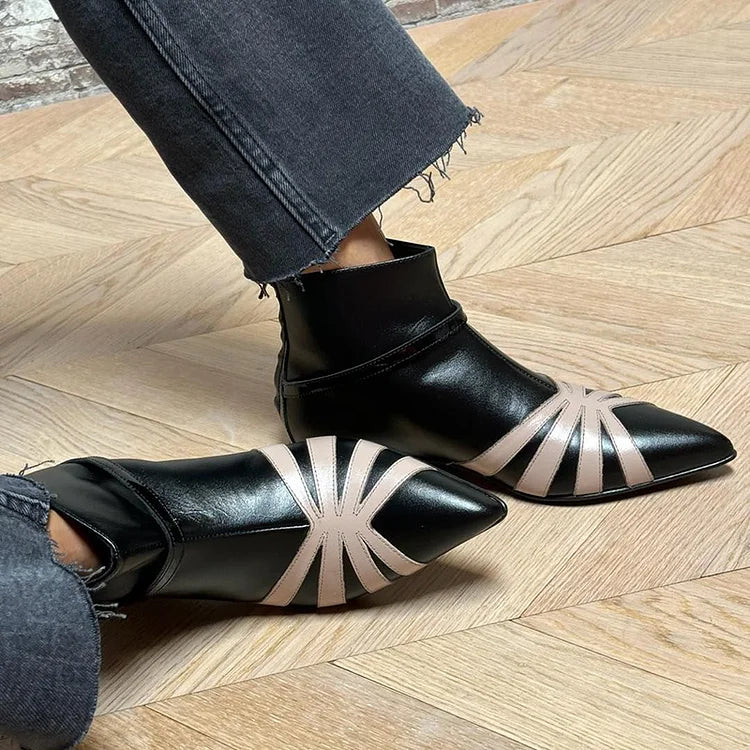 Spitzes Geometrisches Knöchelstiefel für Damen mit niedrigem Absatz