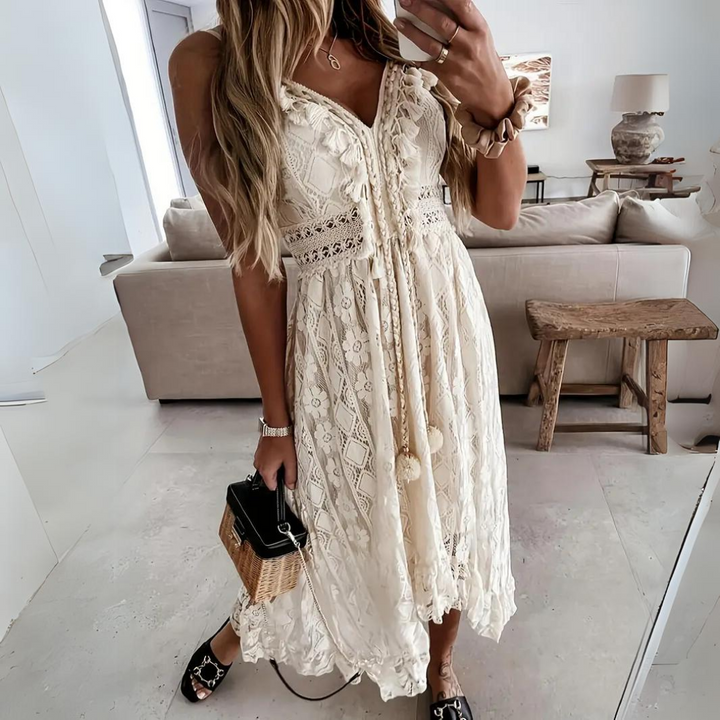 Margaret | Elegantes Boho-Kleid mit V-Ausschnitt und langen Ärmeln