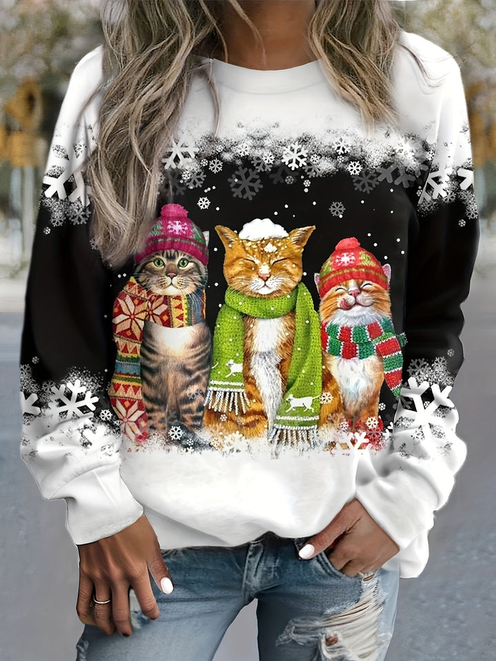 Nele | Warmes Winter Top für Damen mit Schneekatzen Print