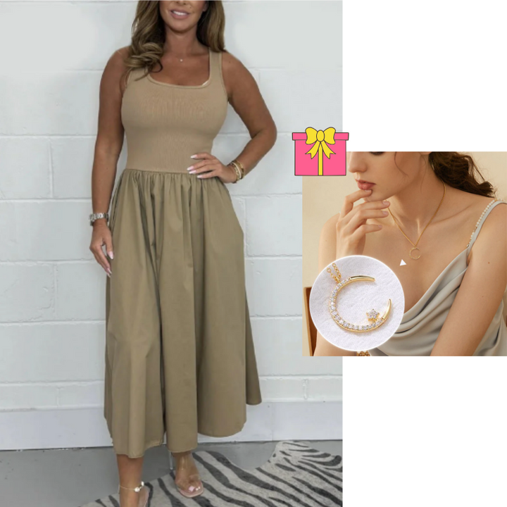 Stylisches ärmelloses A-Linien-Midikleid für Damen mit quadratischem Ausschnitt