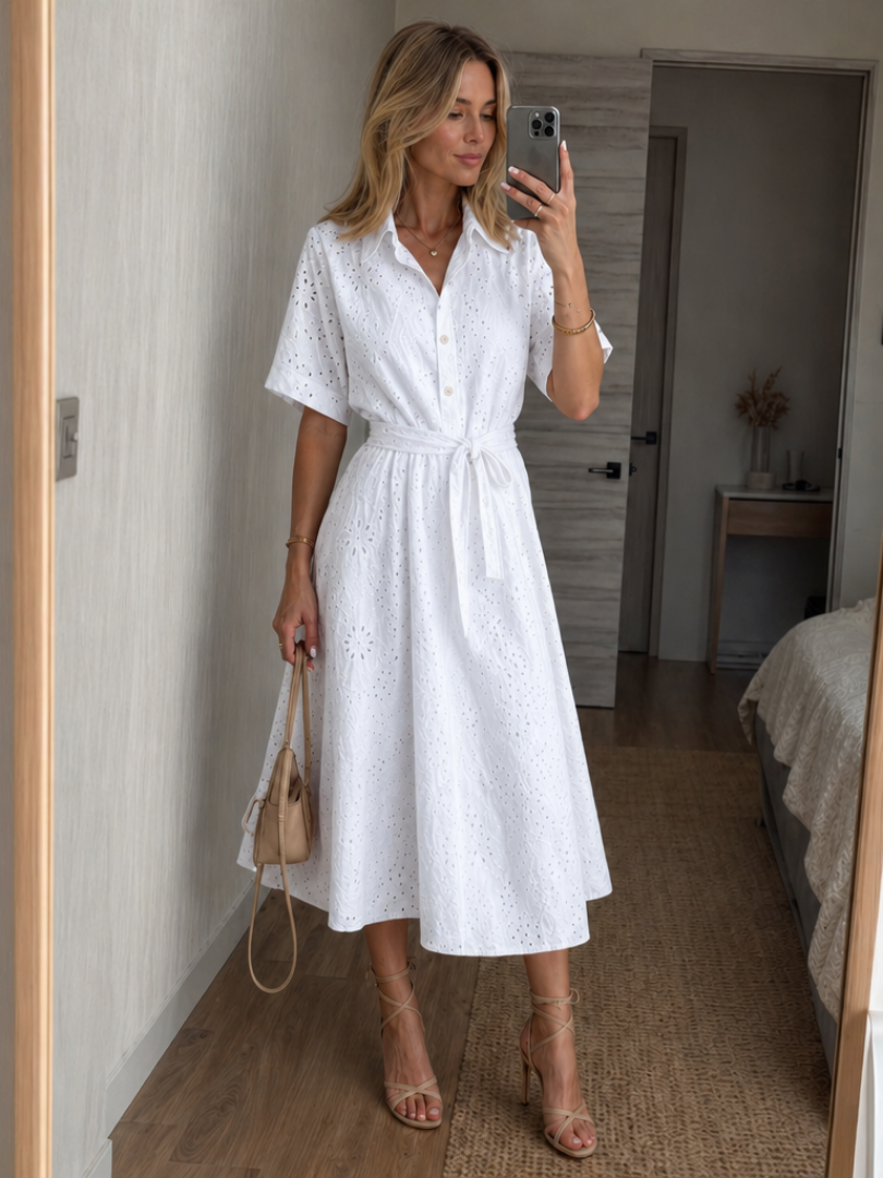 Mila | Damen Midikleid mit Bindegürtel und Knöpfen