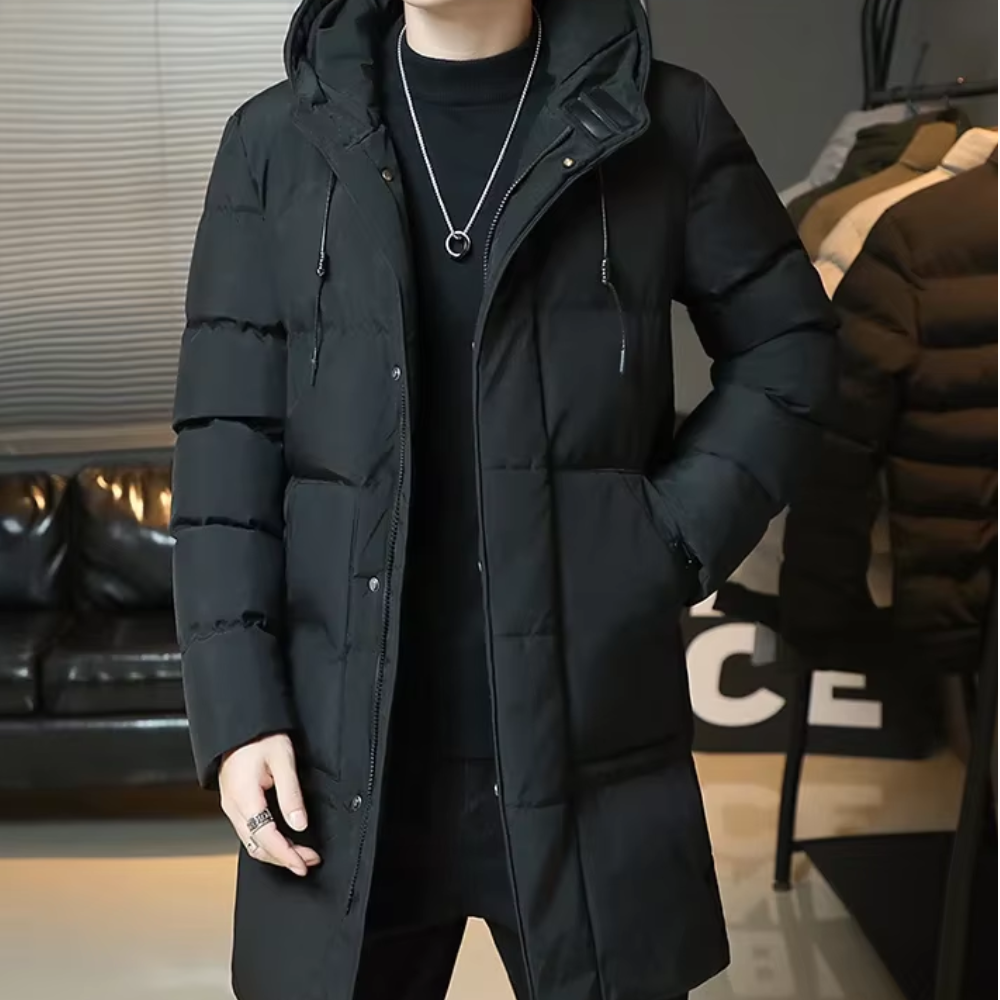 Elegante Lange Winterjacke für Herren mit Kapuze und langen Ärmeln