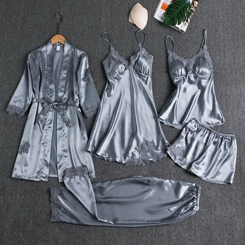 Elegantes Damen-Nachtkleid-Set aus Eis- | 5 Teile mit langen Ärmeln
