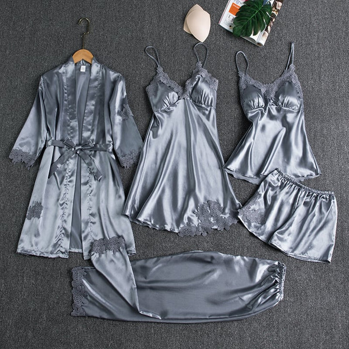 Elegantes Damen-Nachtkleid-Set aus Eis- | 5 Teile mit langen Ärmeln