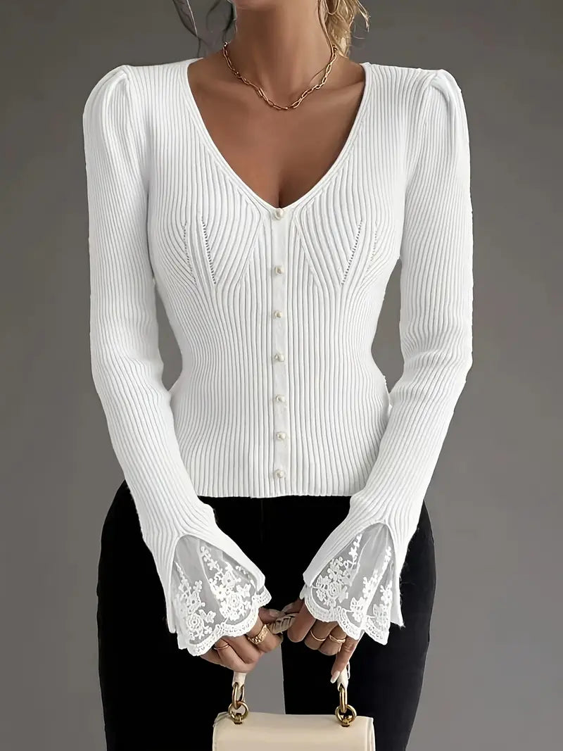 V-Ausschnitt Rippentop Cardigan für Damen mit ärmeln und Blumenmuster