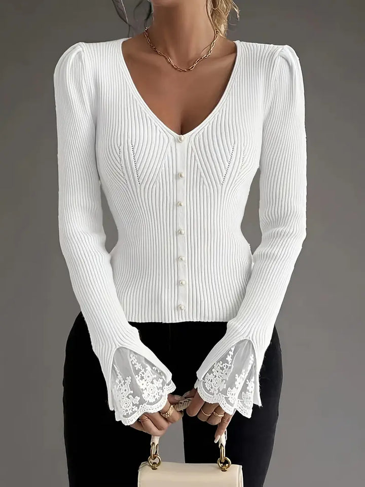 V-Ausschnitt Rippentop Cardigan für Damen mit ärmeln und Blumenmuster