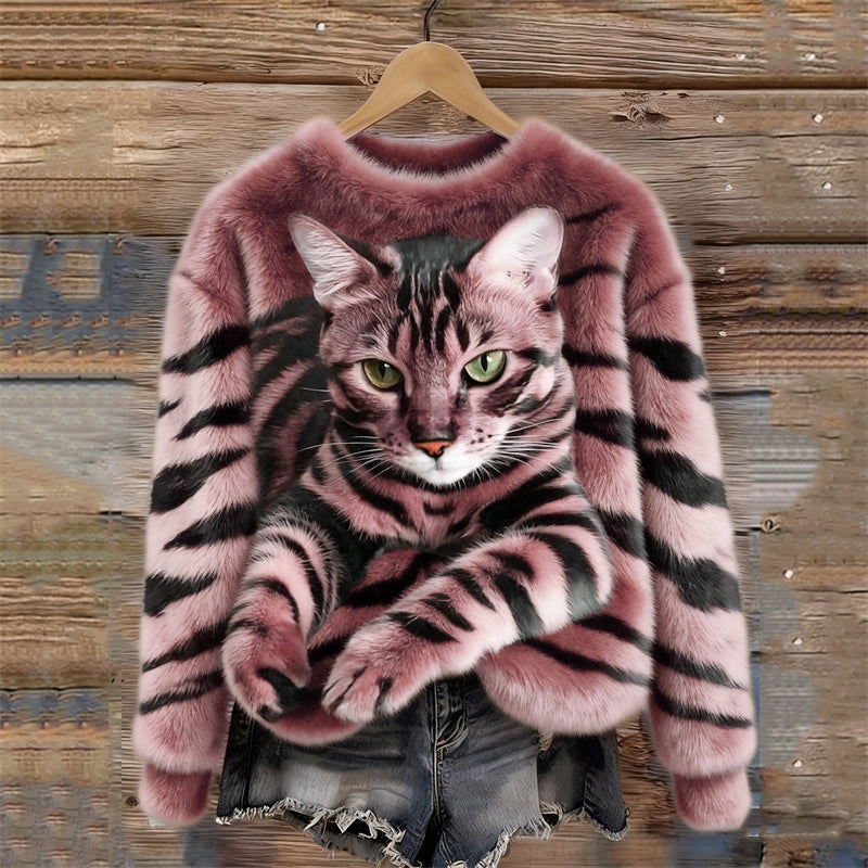 Gemütlicher Plüsch-Sweatshirt für Damen mit einem Tiger- und Tabby-Kätzchen-Design