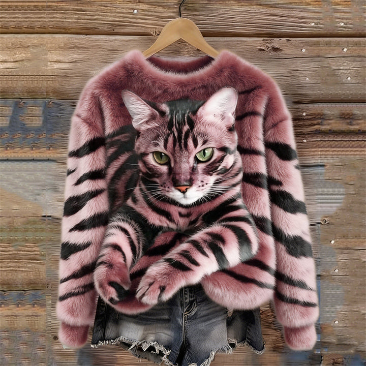 Gemütlicher Plüsch-Sweatshirt für Damen mit einem Tiger- und Tabby-Kätzchen-Design