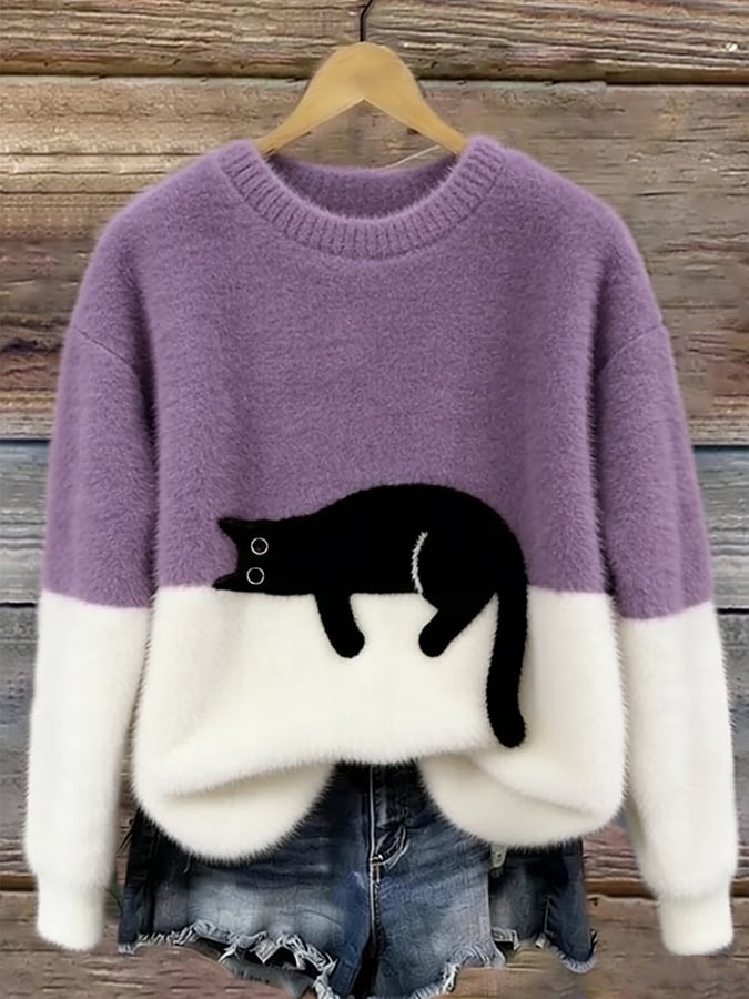 Damen Oversized Pullover mit Katzenmotiv und Farbblockdesign