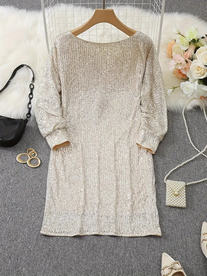 Chic Pailletten Feierkleid für Damen mit Rundhalsausschnitt und 3/4-Ärmeln