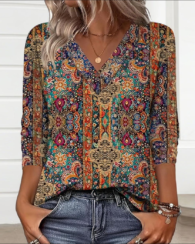 Vintage-inspirierte V-Ausschnitt Druckbluse für Damen mit 3/4-Ärmeln