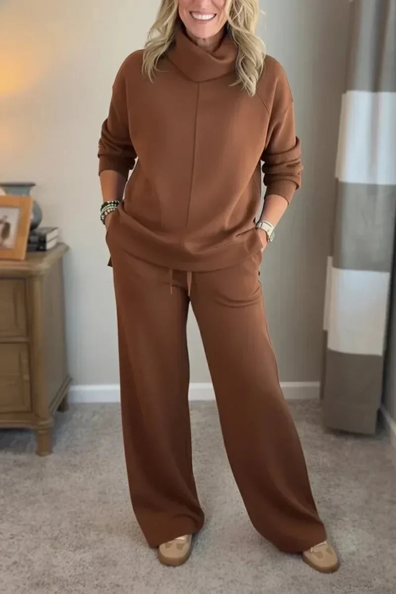 Sofia | Damen Weitbeiniger Langarm Turtleneck Zweiteiler mit Taschen