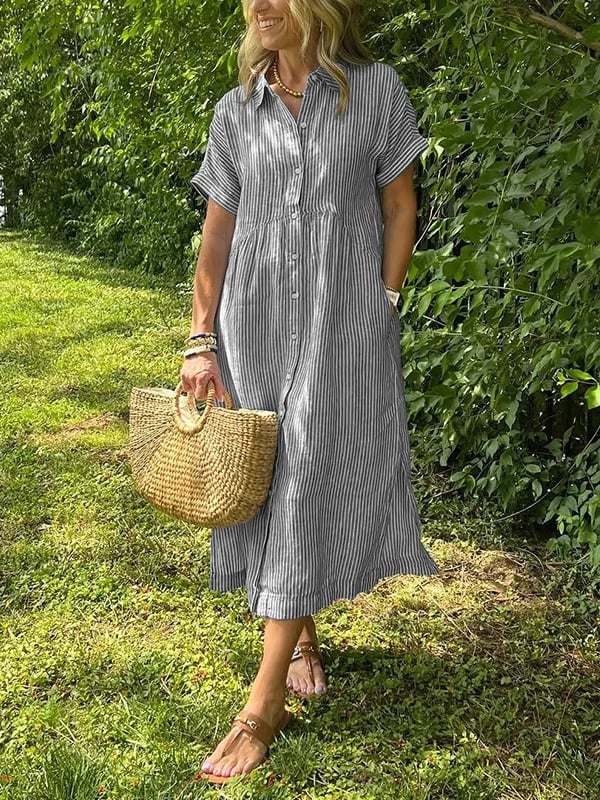 Cassie | Elegantes gestreiftes Maxikleid für Damen mit Streifen und kurzen Ärmeln