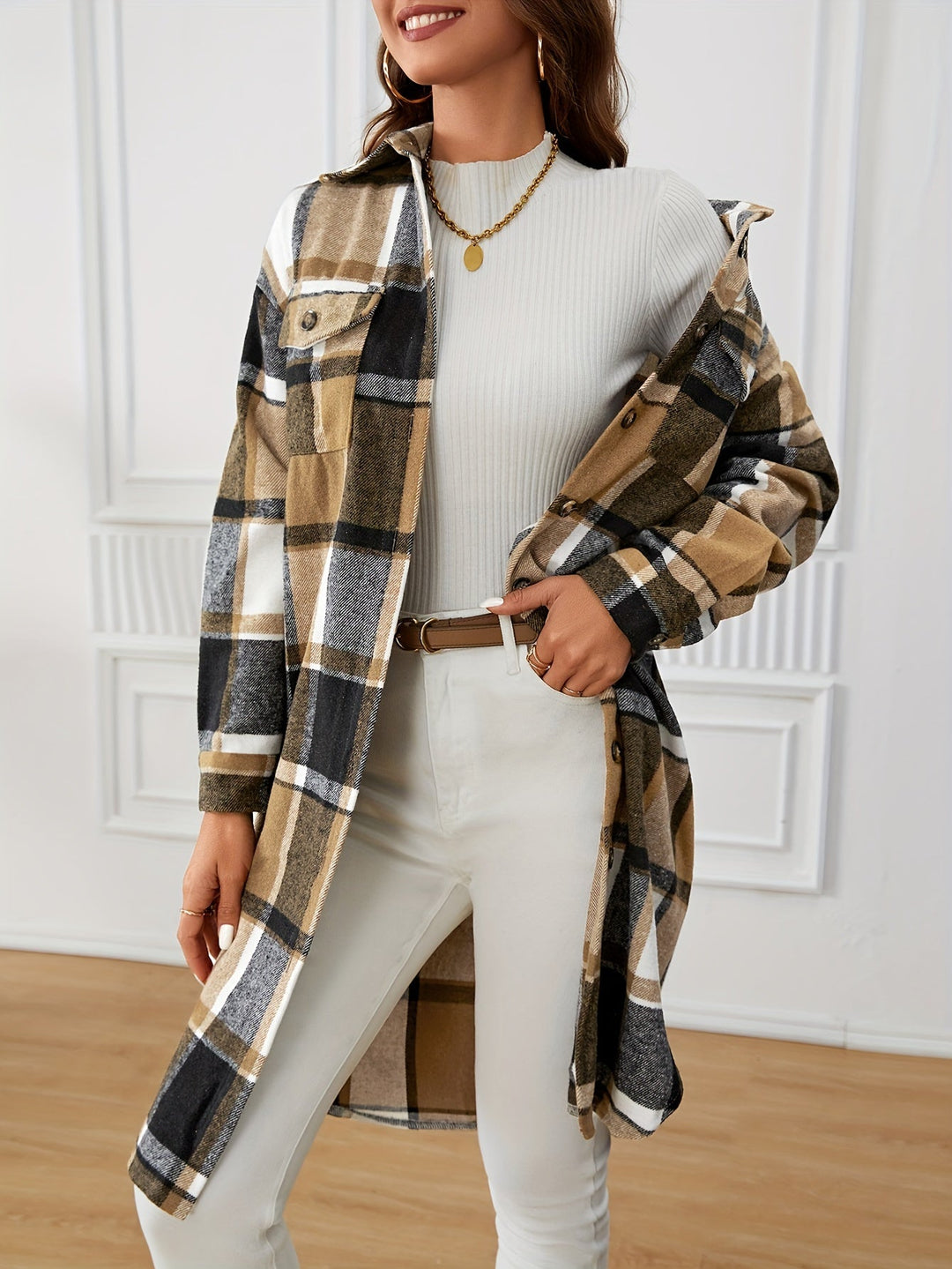 Talia | Damen langer karierter Mantel mit Knöpfen und Taschen
